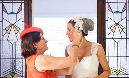 Bride and mother of the bride in Philadelphia Philpot headpieces